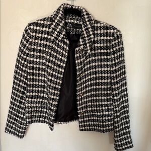 Zara Black and White Houndstooth Cropped Tweed Blazer
